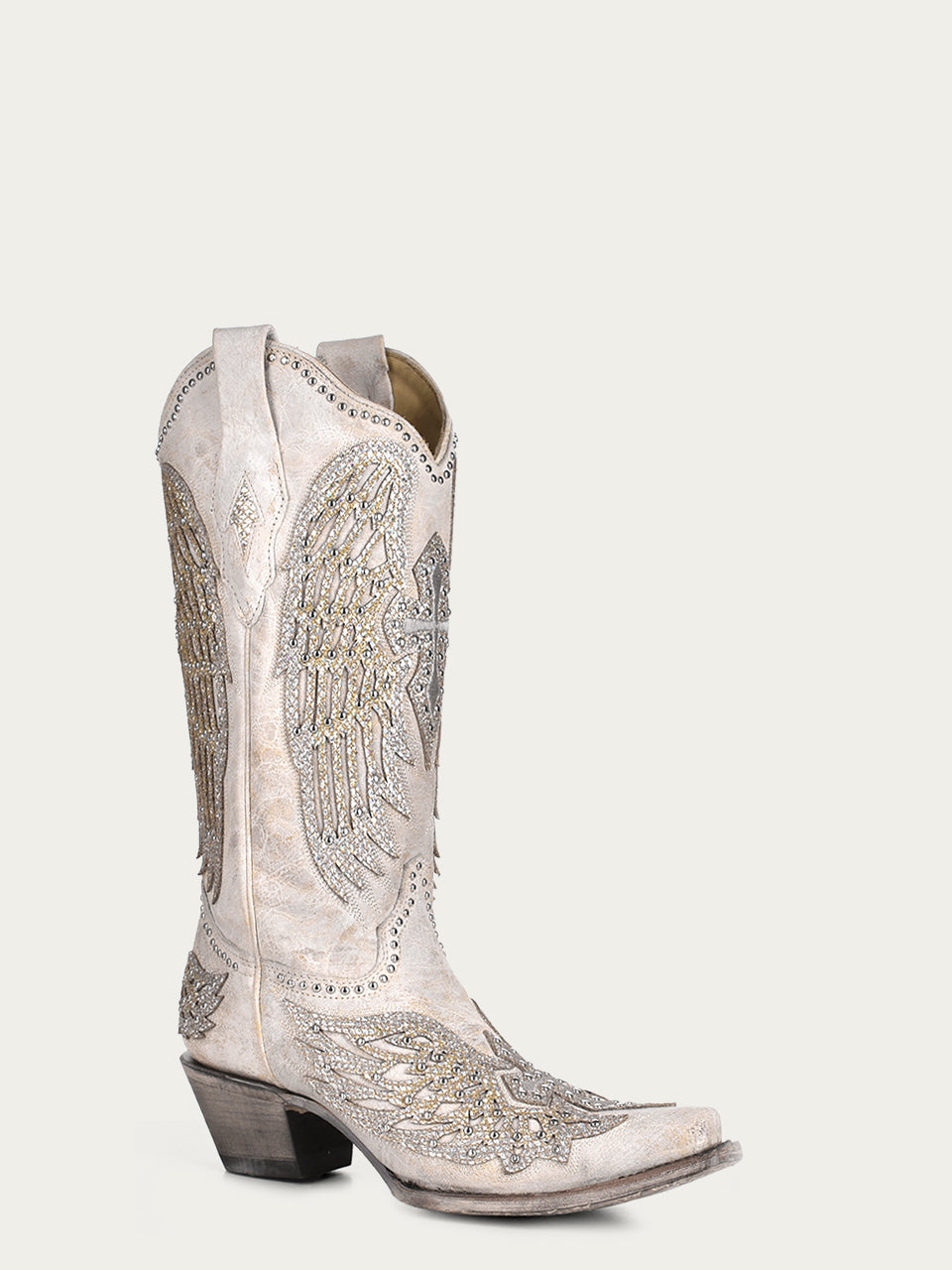 Corral Boot Company LLC A3571 - WOMEN'S GLITTER INLAY CROSS AND WINGS EMBROIDERY WHITE SNIP TOE COWBOY BOOT